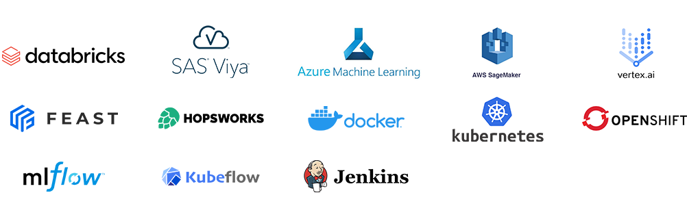 Databricks, SAS Viya, Azure Machine Learning, AWS SageMaker, Vertex.ai, FEAST, HOPSWORKS, Docker, Kybernetes, OPENSHIFT, mlflow, Kubeflow, Jenkins