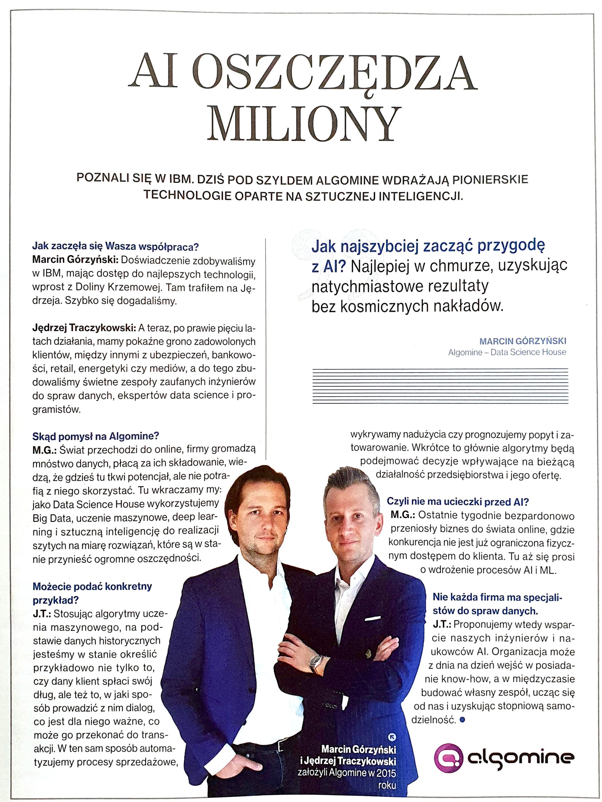 A scan of an article from Forbes Polska, about Algomine. Data science, AI, BI, Cloud Management, digital transformation,