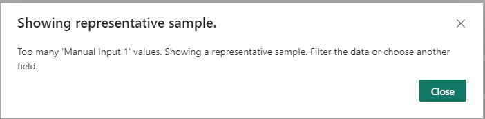 A screen showing a message during using a manual input function in Power BI. Power BI, business intelligence, visual analytics, advanced analytics, big data analytics, visual reporting, powerbi